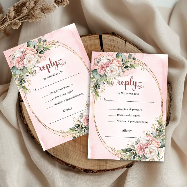 Cartão de Resposta de Casamento com Vegetação em D (Watercolor Rose Gold Greenery Wedding RSVP Card

)