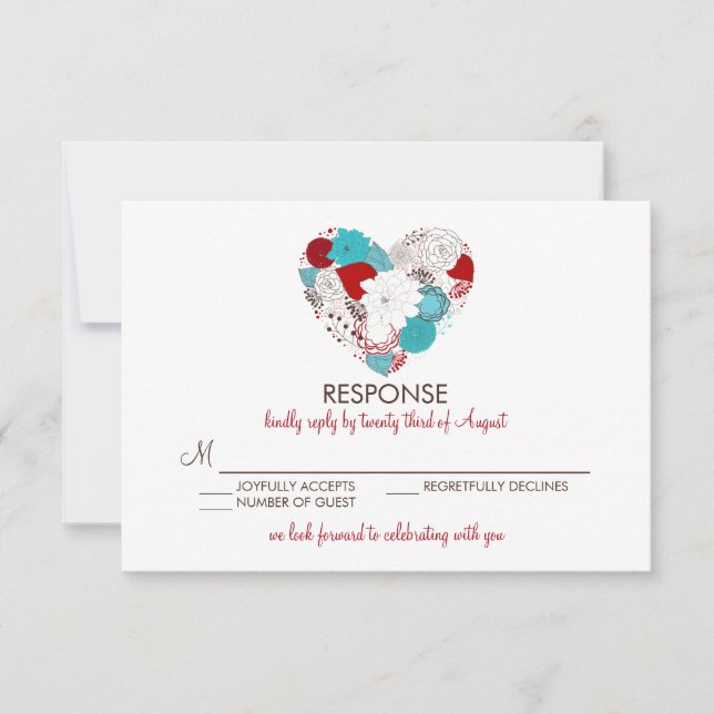 Cartão de Resposta de Casamento Coração Floral Cap (Frente)