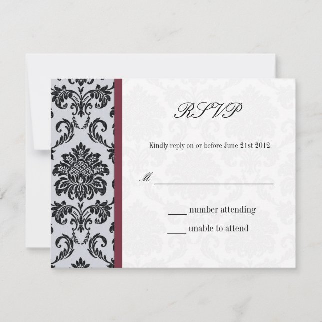 Cartão de Resposta de Casamento Damask Burgundy (Frente)