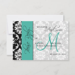 Cartão de Resposta de Casamento Damask Turquesa No