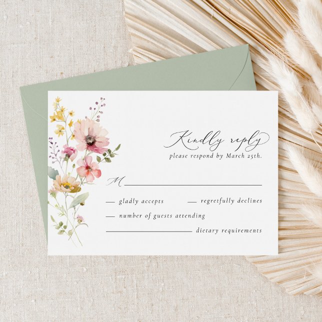 Cartão de Resposta de Casamento de Flores Selvagen (Wildflower meadow wedding RSVP card with soft floral illustration and elegant calligraphy)