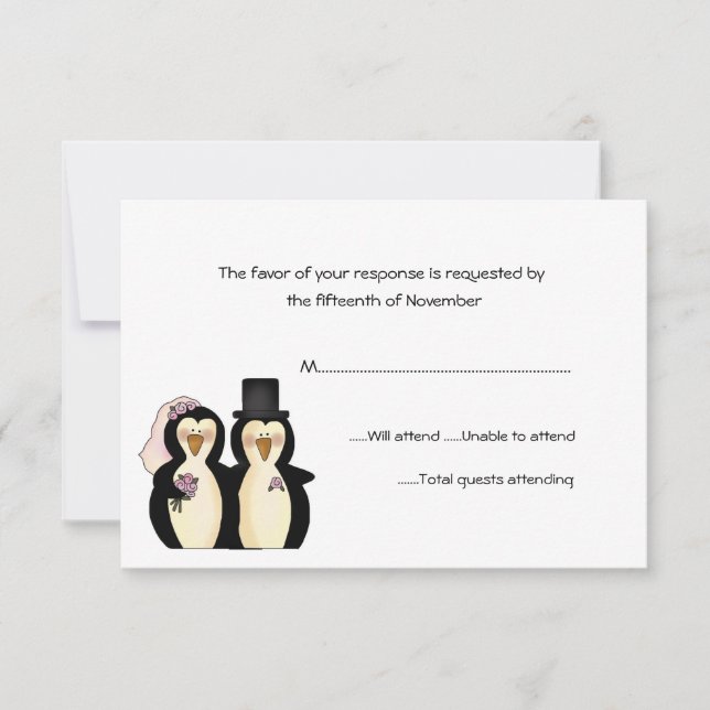 Cartão de Resposta de Casamento de Pinguins (Frente)