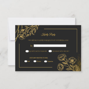 Cartão de Resposta de Casamento Elegante Preto e D