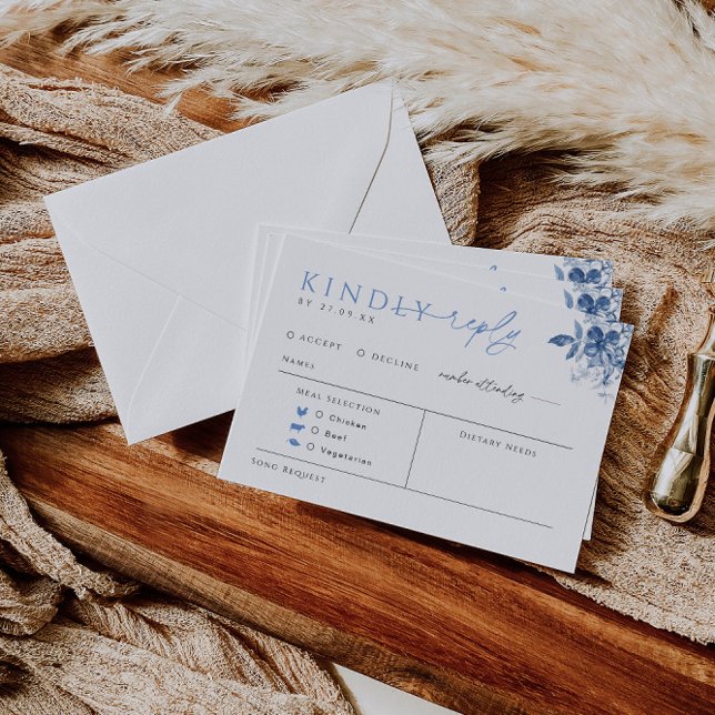 Cartão de Resposta de Casamento Floral Azul com Es (Criador carregado)