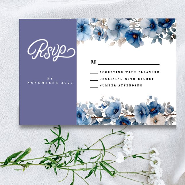 Cartão de Resposta de Casamento Floral Azul Desbot (Criador carregado)
