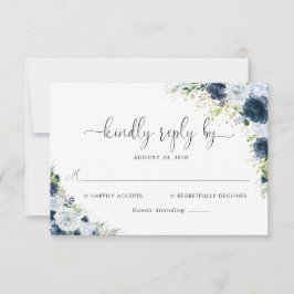 Cartão de Resposta de Casamento Floral Azul Marinh
