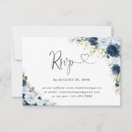 Cartão de Resposta de Casamento Floral Azul Marinh