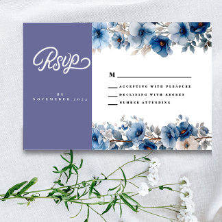Cartão de resposta de casamento floral azul poeire