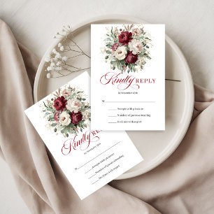 Cartão de Resposta de Casamento Floral Borgonha Bo