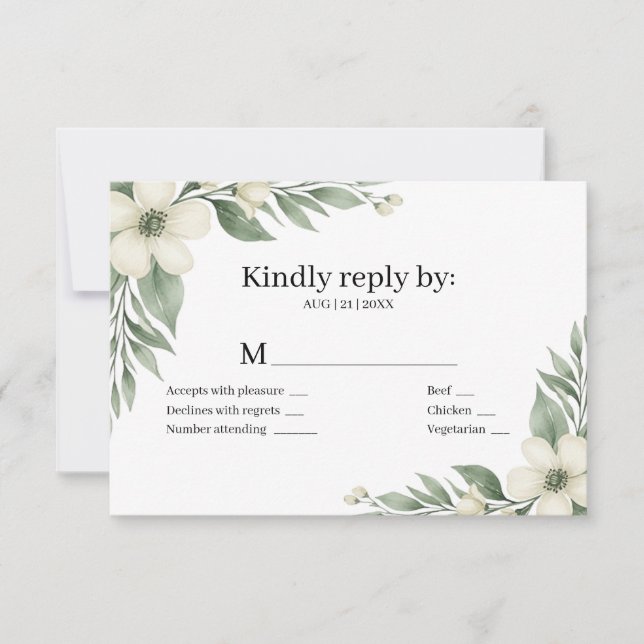 Cartão de Resposta de Casamento Floral Branco com  (Frente)