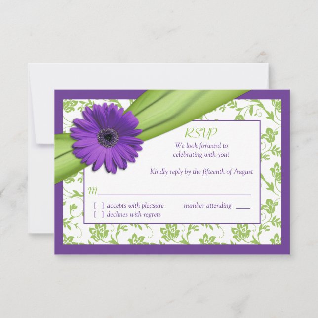 Cartão de Resposta de Casamento Floral Roxo Verde  (Frente)