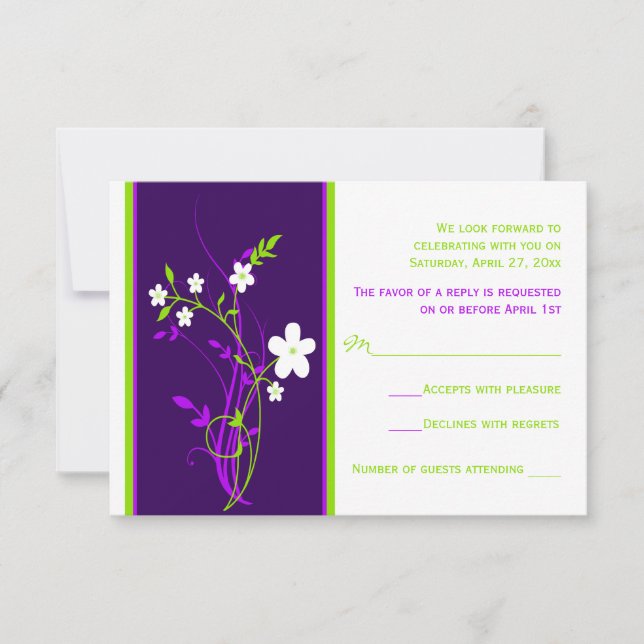 Cartão de Resposta de Casamento Floral Roxo, Verde (Frente)