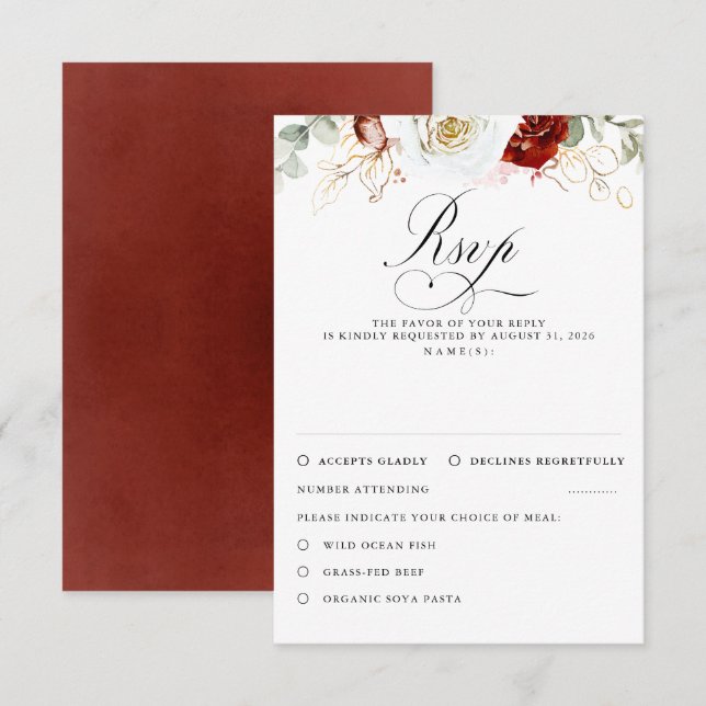 Cartão de Resposta de Casamento Flores Vermelhas B (Frente/Verso)
