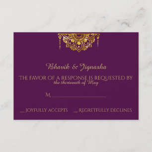 Cartão de Resposta de Casamento Indiano Roxo e Dou