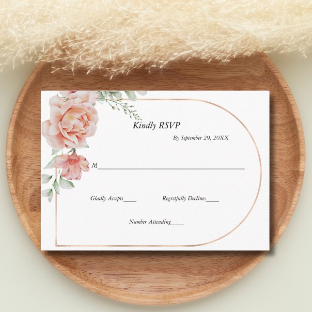 Cartão de Resposta de Casamento Peach Floral Green (Peach Floral Rose Gold Arch Modern Elegant Wedding RSVP card)