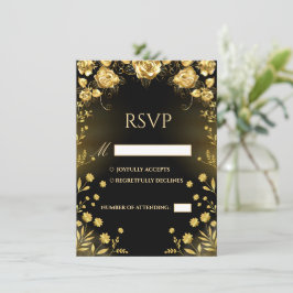 Cartão de Resposta de Casamento Preto e Dourado de