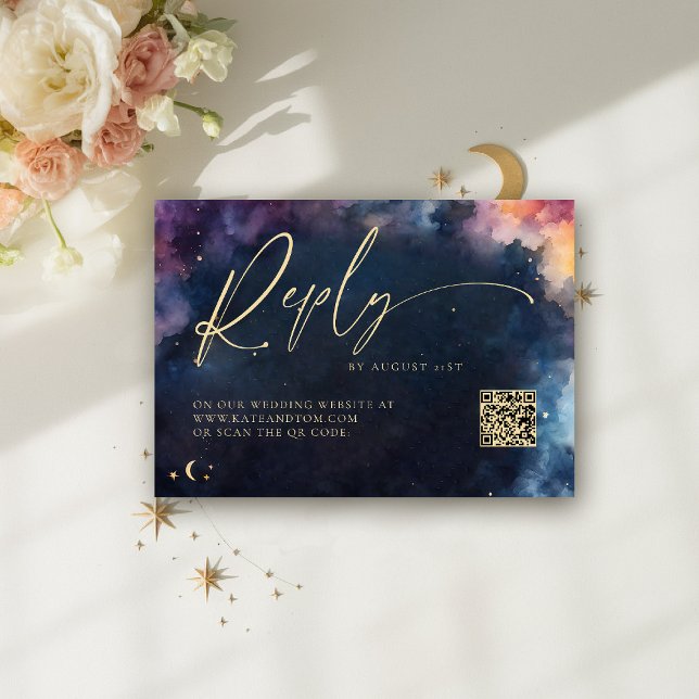 Cartão de Resposta de Casamento QR Azul Celestial  (celestial wedding rsvp card qr code cosmic watercolor starry night sky galaxy universe navy blue )