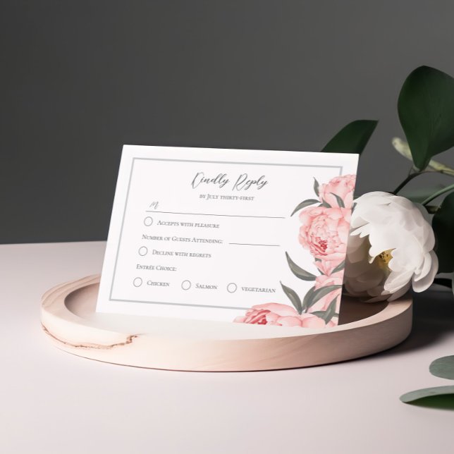 Cartão de Resposta de Casamento Rosa Bege com Peôn (Criador carregado)