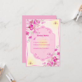 Cartão de Resposta de Casamento Rosa e Dourado Vib