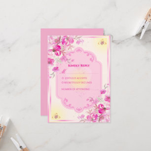 Cartão de Resposta de Casamento Rosa e Dourado Vib