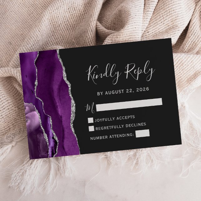 Cartão de Resposta de Casamento Roxo Prateado Mode (Criador carregado)