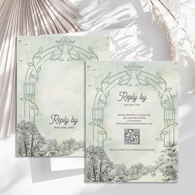 Cartão de Resposta de Casamento Sage Green com Cód (Sage Green Wedding RSVP Card with QR Code | Garden Arch RSVP Insert | Modern Wedding Response Card)