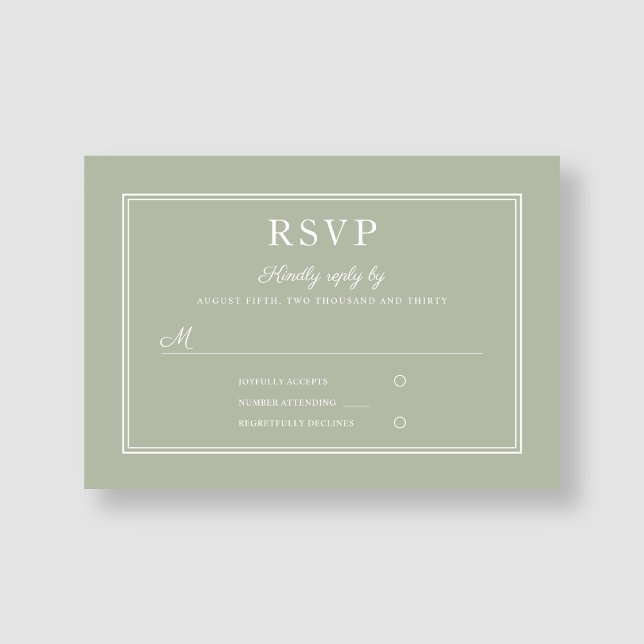 Cartão de Resposta de Casamento Verde Oliva Formal (Modern Elegant Formal Sage Green Wedding RSVP Card)
