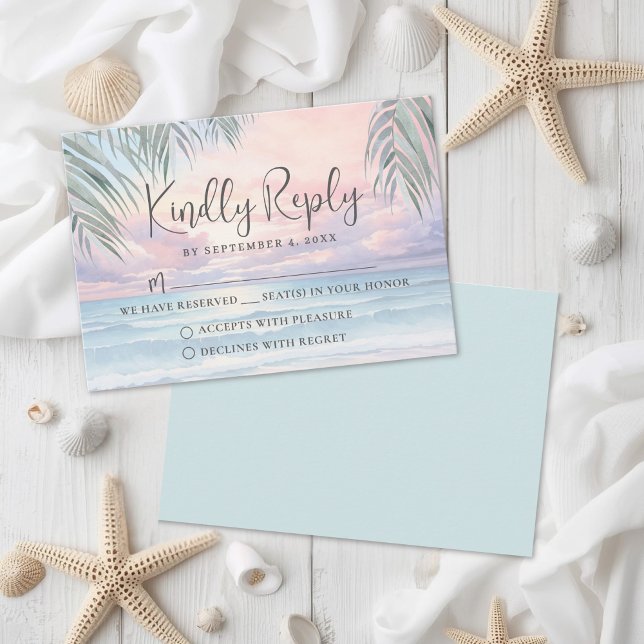 Cartão de Resposta de Confirmação de Casamento na  (Watercolor Beach Wedding RSVP Reply Card)