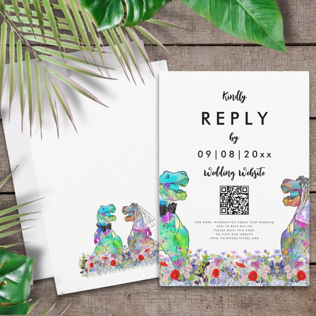 Cartão de Resposta de Confirmação de Presença com  (T-Rex bride and groom colorful wildflowers dinosaur wedding website QR code reply enclosure card)