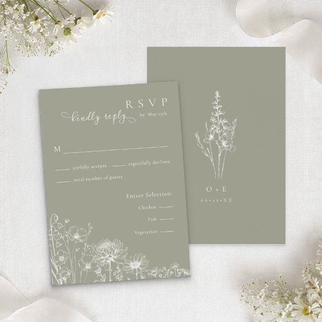 Cartão de Resposta de Convite de Casamento com Flo (Sage green wildflower RSVP card with elegant line art florals and matching monogram back
)