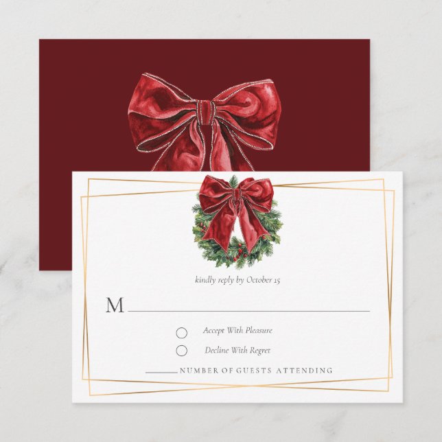 Cartão de Resposta de Coroa e Laço de Natal Clássi (Frente/Verso)