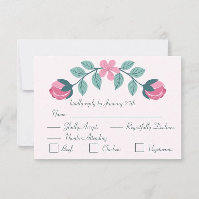 cartão de resposta de flores & folhas rosa RSVP (Frente)