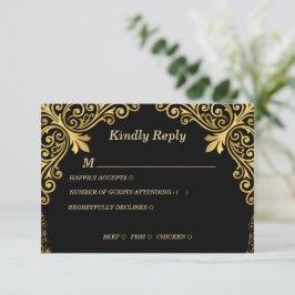 Cartão de Resposta de Luxo Preto e Dourado Vintage
