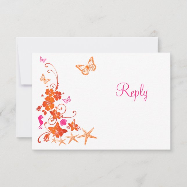 Cartão de Resposta de Praia Tropical Rosa, Laranja (Frente)