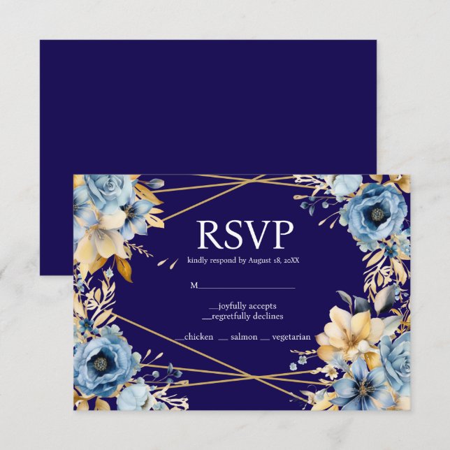 Cartão de Resposta de RSVP com Opções de Menu Azul (Frente/Verso)