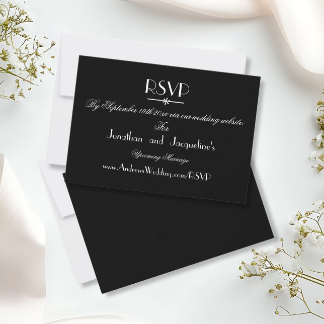 Cartão de Resposta de RSVP de Site de Casamento Bá (Simple, Elegant Chic Black and White Wedding Website RSVP Response Cards.)