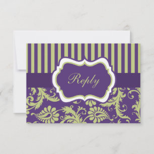 Cartão de Resposta de RSVP em Damasco Roxo, Verde 