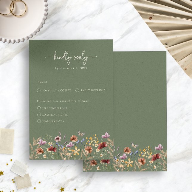 Cartão de Resposta Elegante Flor Silvestre Verde S (Sage Green Wildflower Elegant Boho RSVP Card with Butterfly by Painted Paperier
)