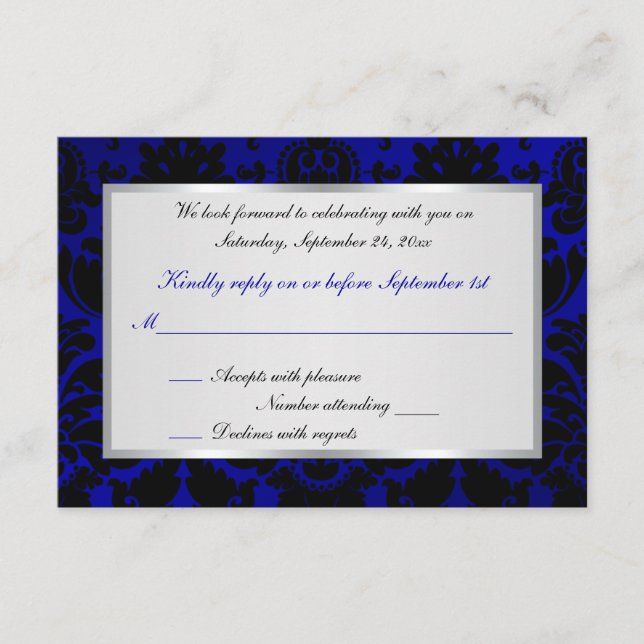 Cartão de Resposta em Damask Azul Cobalto e Preto (Frente)