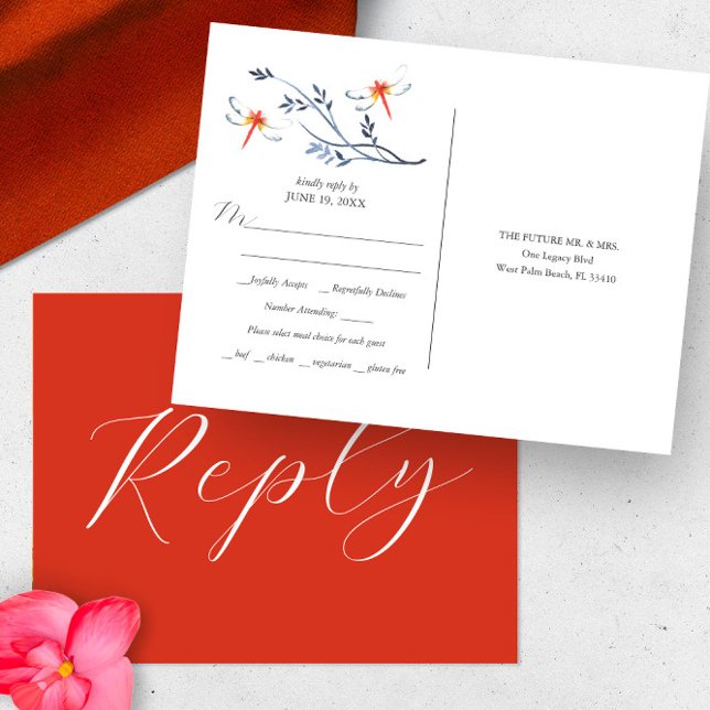 Cartão de Resposta Escolha de Refeição de Casament (Wedding rsvp card features unique red dragonfly and botanical watercolor art by Victoria Grigaliunas)