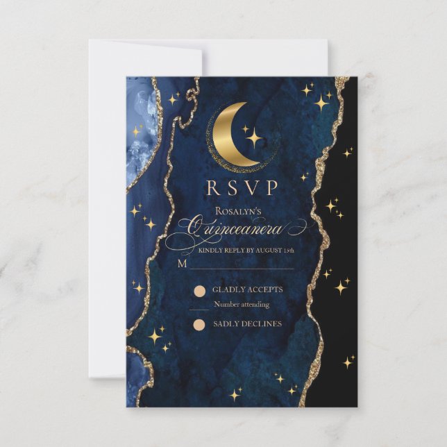 Cartão de Resposta Estrelas e Lua da Quinceanera C (Frente)