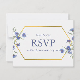 Cartão de Resposta Floral Azul – Casamento Geométr
