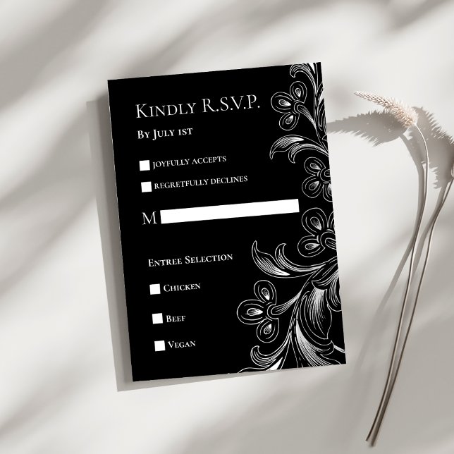 Cartão de Resposta Floral Elegante Preto e Branco  (Black and White Floral Elegant Wedding RSVP Response Card)