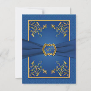Cartão de Resposta Floral em Damasco Azul e Dourad