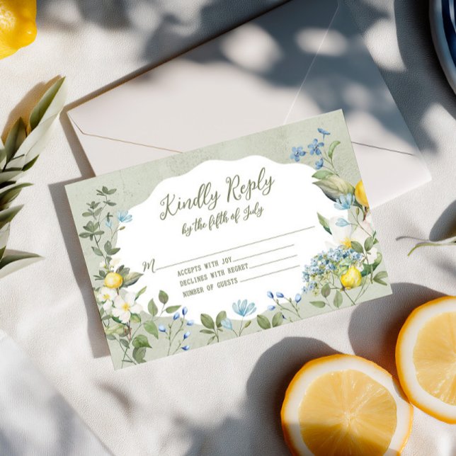 Cartão de Resposta Floral La Dolce Vita Lemon (Coordinate your Italian-inspired celebration with this watercolor lemon and blue floral RSVP card. )