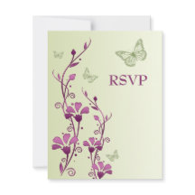 Cartão de Resposta Floral Roxo, Verde com Borbolet