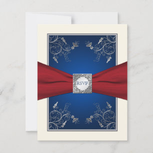 Cartão de Resposta Floral Vermelho, Marfim e Azul