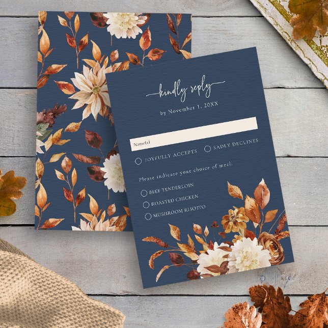 Cartão de Resposta Folhas de Outono Azul-Marinho (Navy Blue Fall Leaves Floral Response Card by Painted Paperie
)