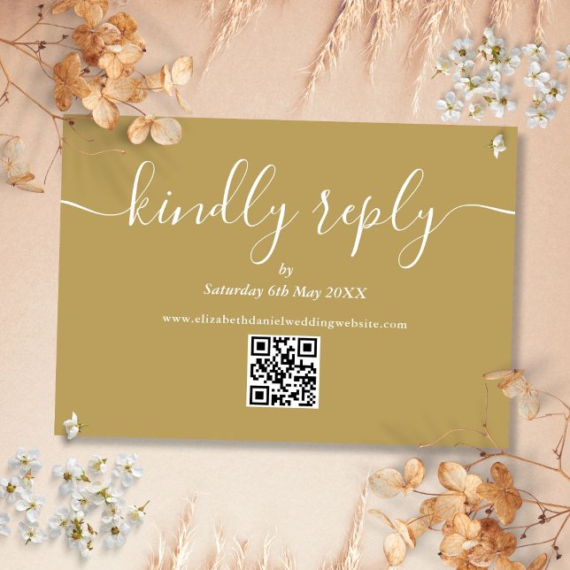 Cartão de Resposta Gold com Código QR Elegante par (QR Code Elegant Script Kindly Reply Gold RSVP Card)