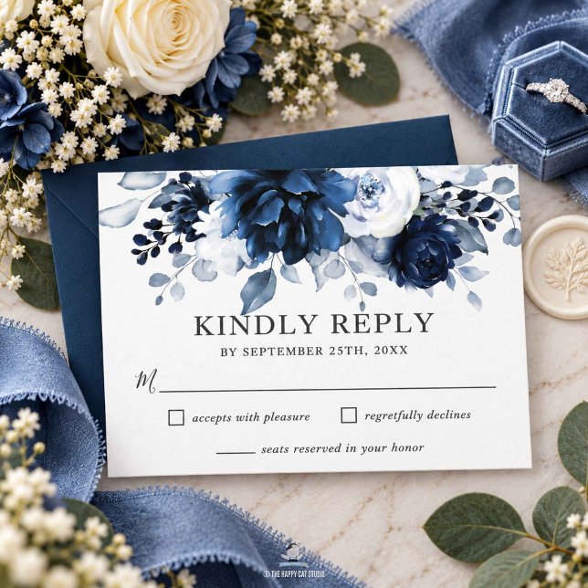 Cartão de Resposta para Casamento com Flores em Az (Navy Blue Floral Wedding RSVP Card)